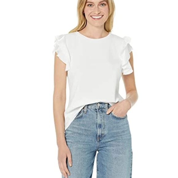 Elie Tahari Pima Cotton/Modal White Ruffle Sleeve Tee. Size L. MSRP $125 - Picture 1 of 12